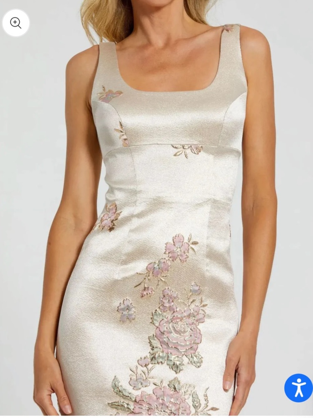 Mac Duggal Slim Strap Scoop Neck Brocade Midi Dress - Ivory with Pink Floral - Picture 2 of 4